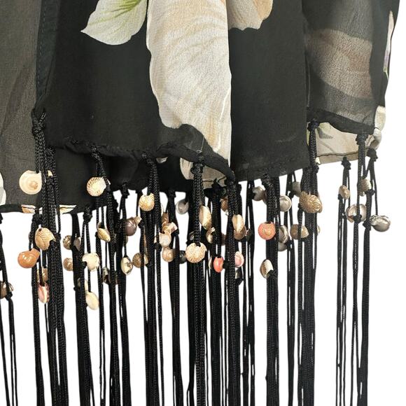 Pia Rossini Black Floral Kimono Tassel Seashells One Size Resortwear Boho Shawl - Picture 8 of 12